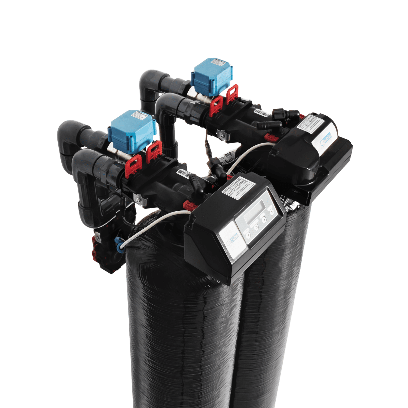 Twin water filter tanks with controllers.