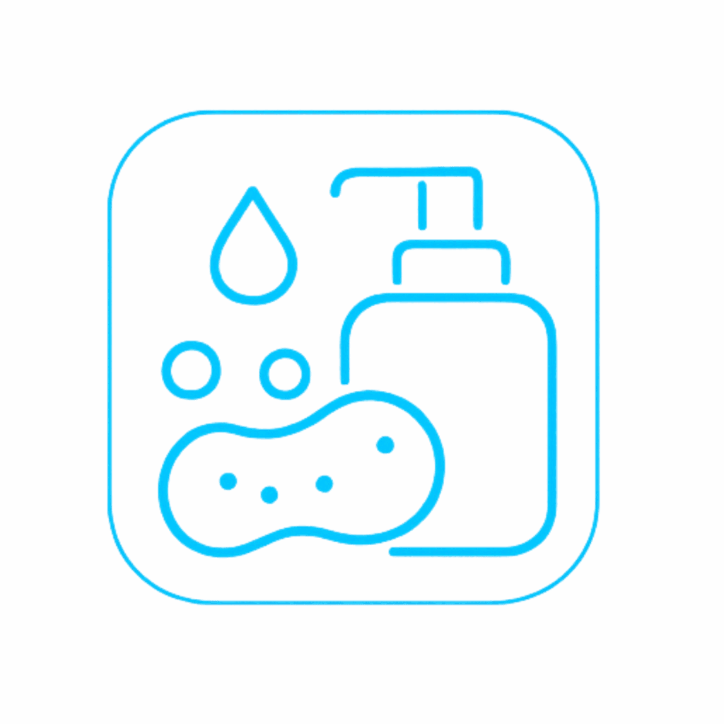 Soap dispenser, sponge, and water droplet.