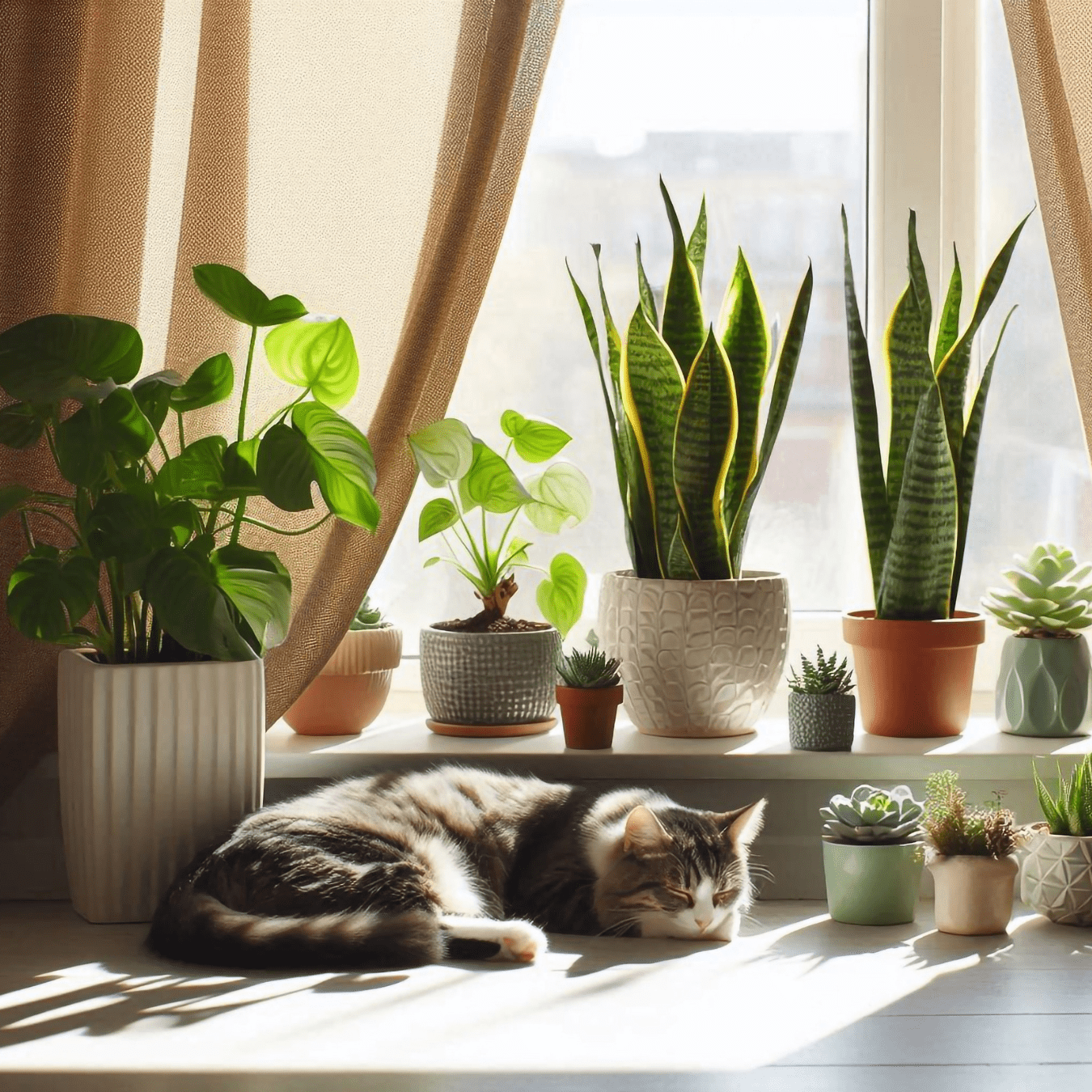 Cat sleeping on a sunlit windowsill with plants.