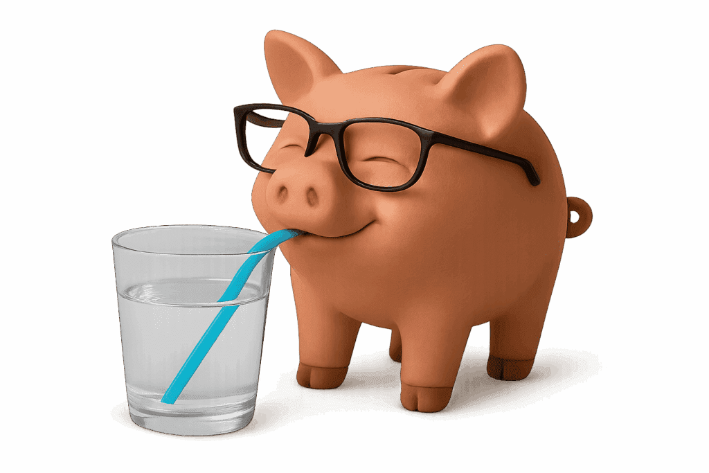 Smiling pig wearing glasses drinks from a glass.