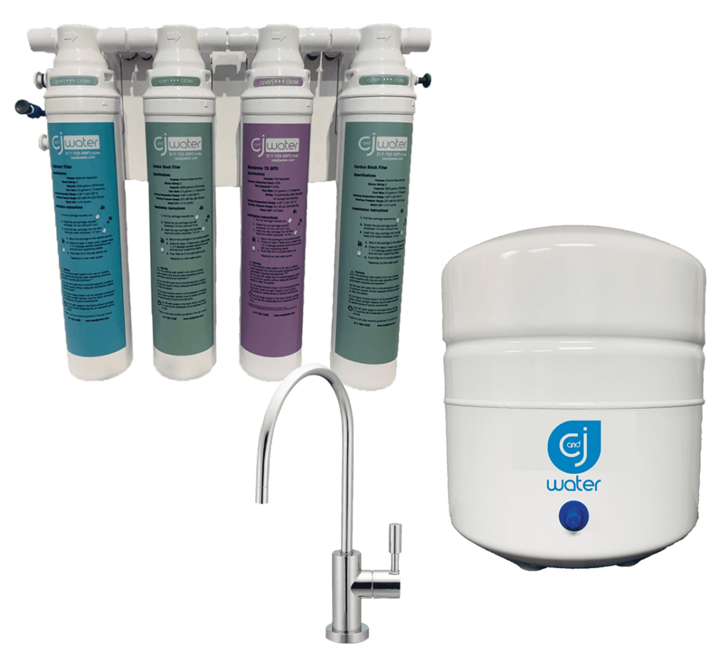 A C&J Water reverse osmosis filter system with color-coded cartridges, faucet, and white storage tank.