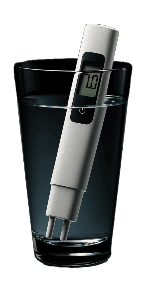 Digital TDS meter measuring total dissolved solids in a glass of drinking water