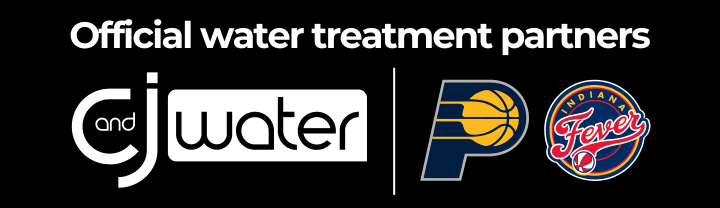 C and J Water logo displayed with the Indiana Pacers and Indiana Fever logos, identifying C and J Water as the official water treatment partner.
